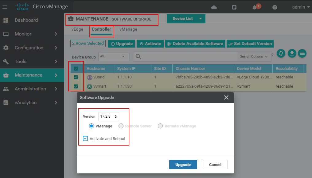 Upgrading vBond and vManage