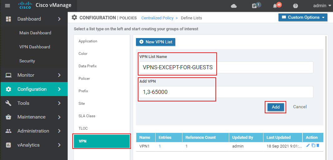Define a new VPN list