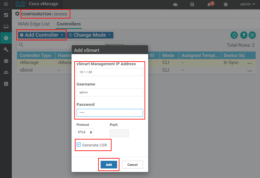 Add controllers via vManage